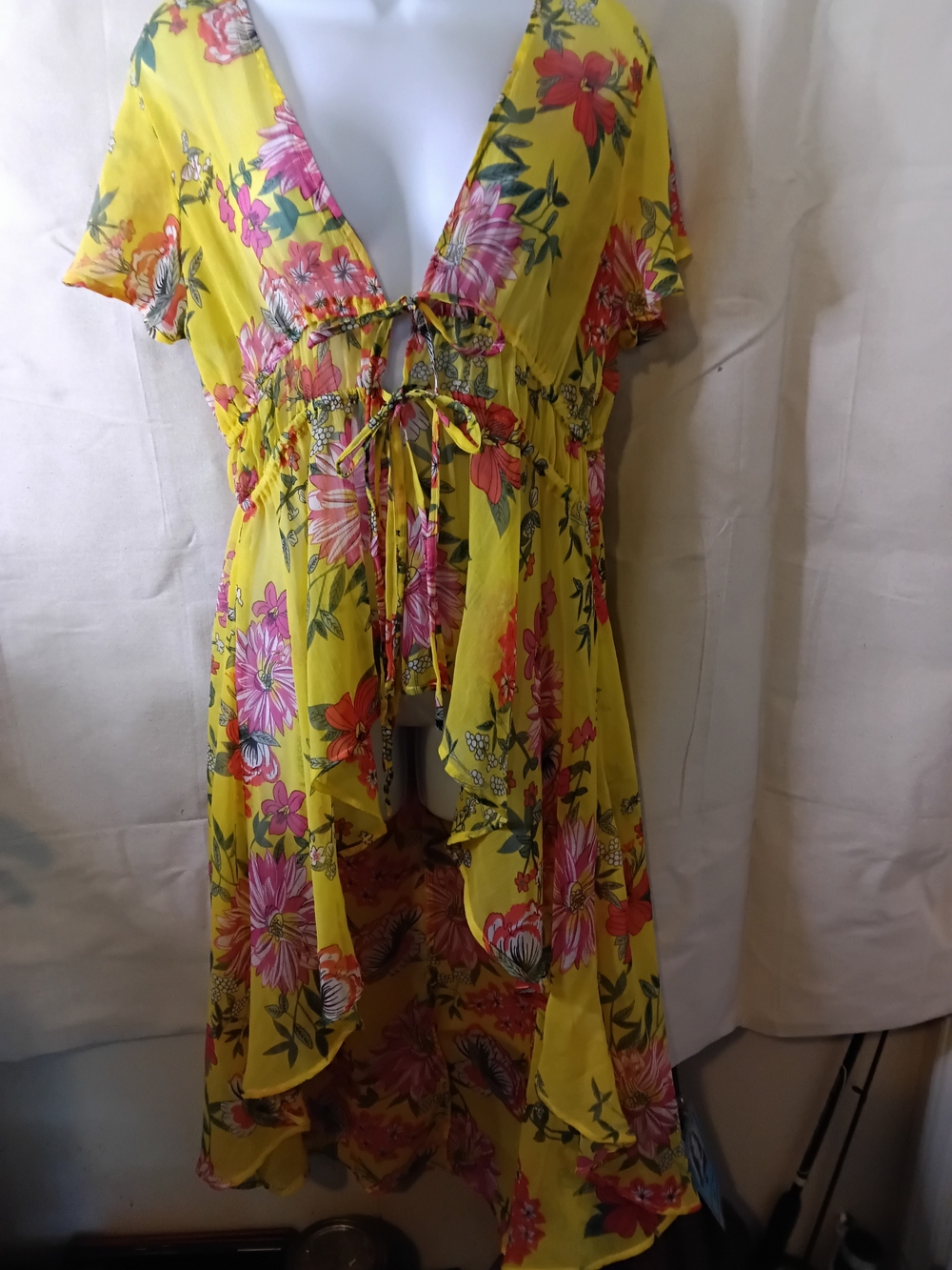 True Destiny Yellow Floral Duster Cover Up with Green Leaf Print